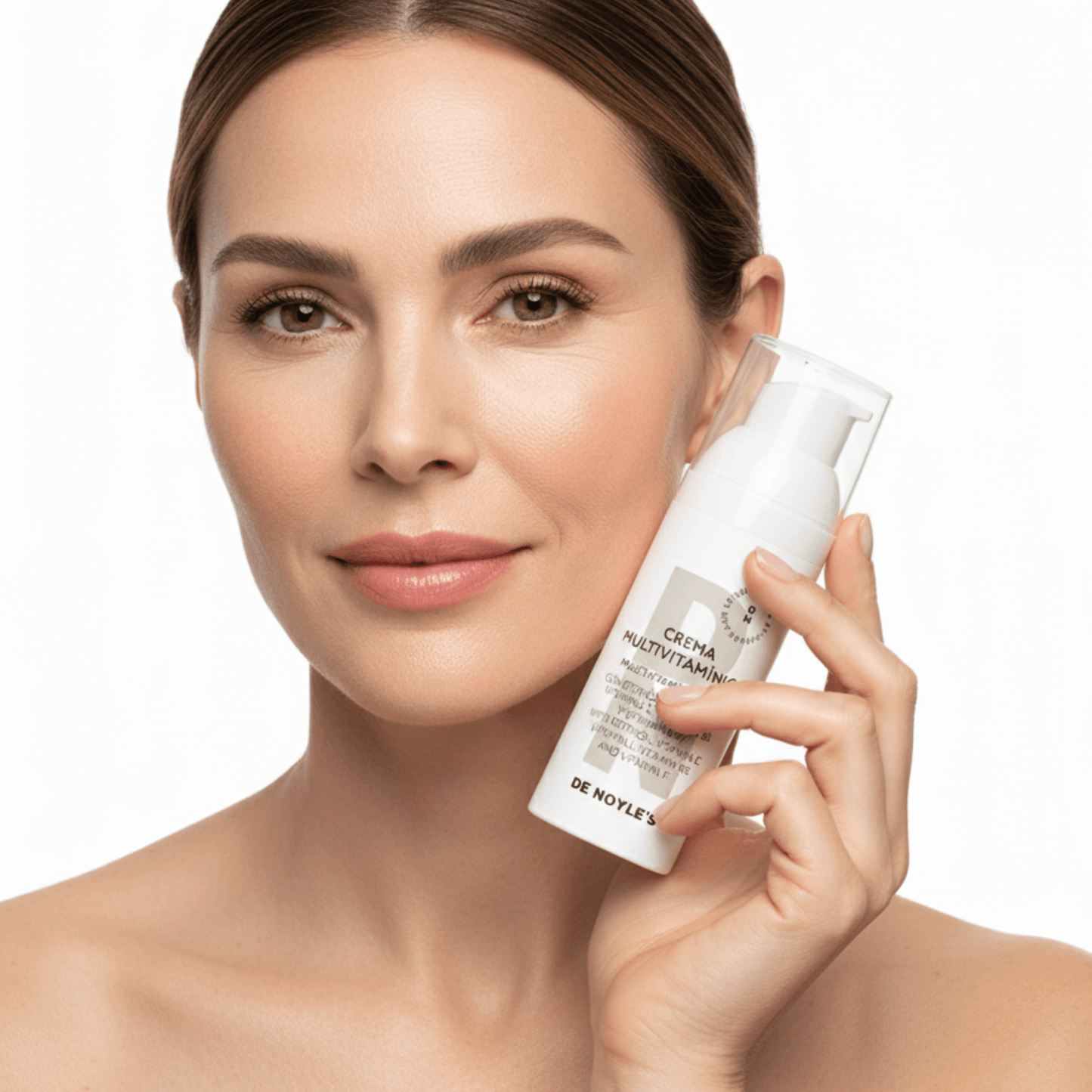 Mujer mostrando la Crema Multivitamínica DE NOYLE’S – cuidado facial con retinol y vitaminas antioxidantes.
