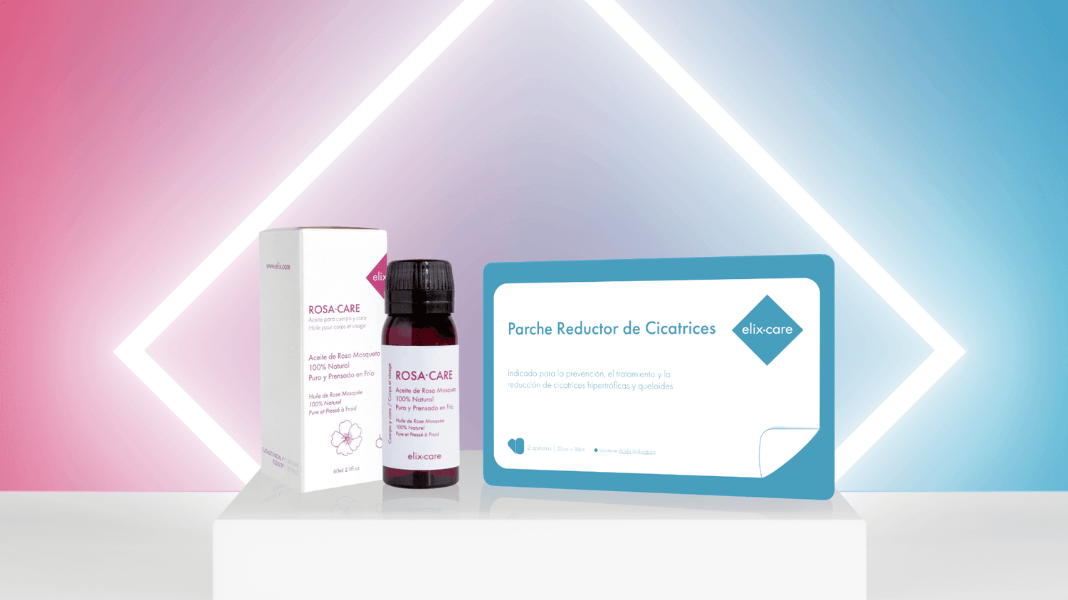 pack reductor de cicatrices que incluye el parche cicatrizante y la rosa mosqueta