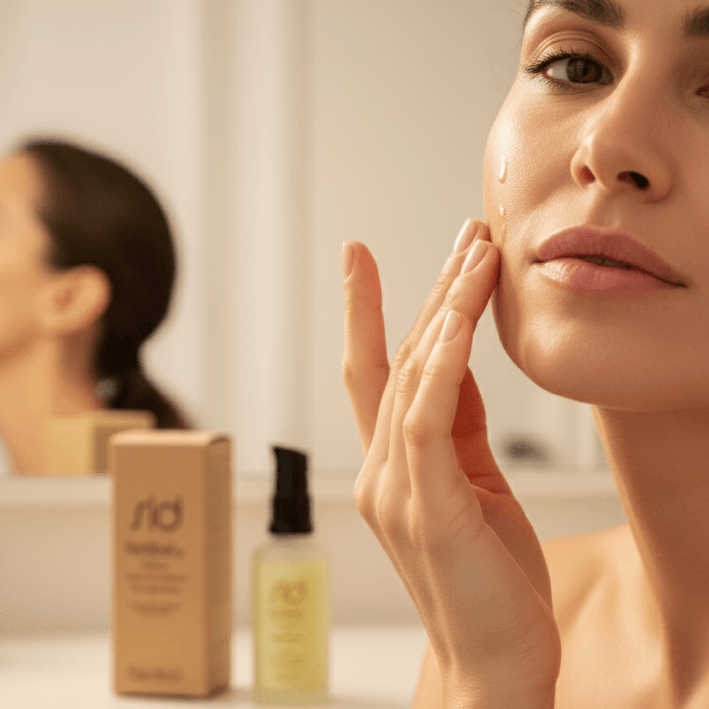 Mujer aplicando Retibel 0.2 de SLD con retinol encapsulado y ácido hialurónico sobre la piel para una acción antiedad.