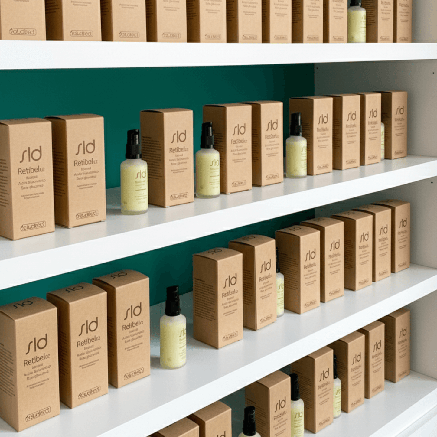 Expositor con varias cajas de Retibel 0.2 de SLD – gel facial con retinol encapsulado, ácido hialurónico y beta-glucanos.