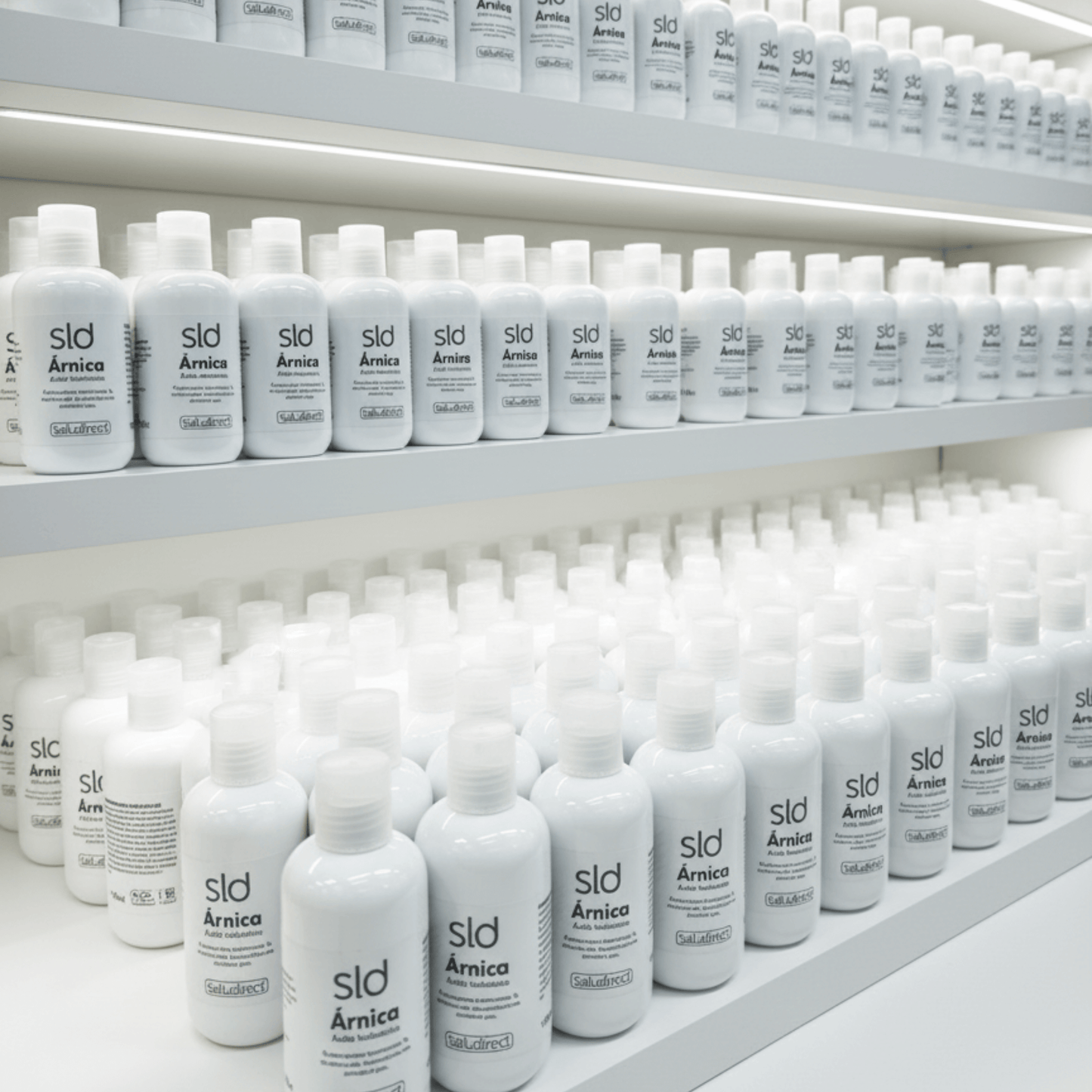 Expositor de botellas SLD Árnica con Ácido Hialurónico 150 ml - Línea profesional de gel calmante y regenerador.