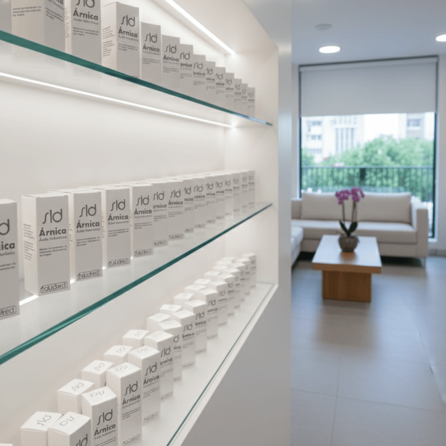 Expositor de productos SLD Árnica con Ácido Hialurónico en clínica dermocosmética, presentación profesional en estantería iluminada.