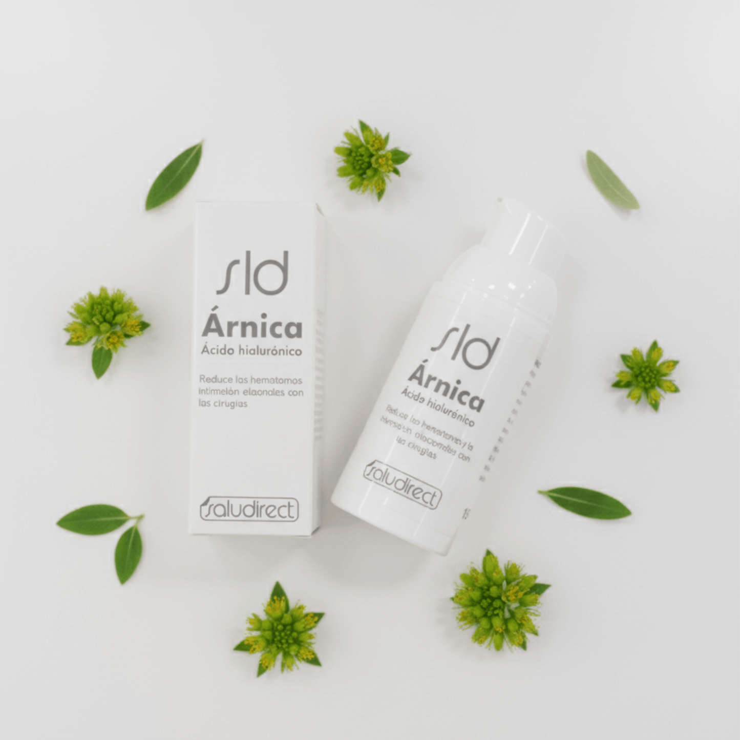 SLD Árnica con Ácido Hialurónico junto a flores de árnica y hojas verdes - imagen fresca y natural que transmite cuidado y regeneración de la piel.