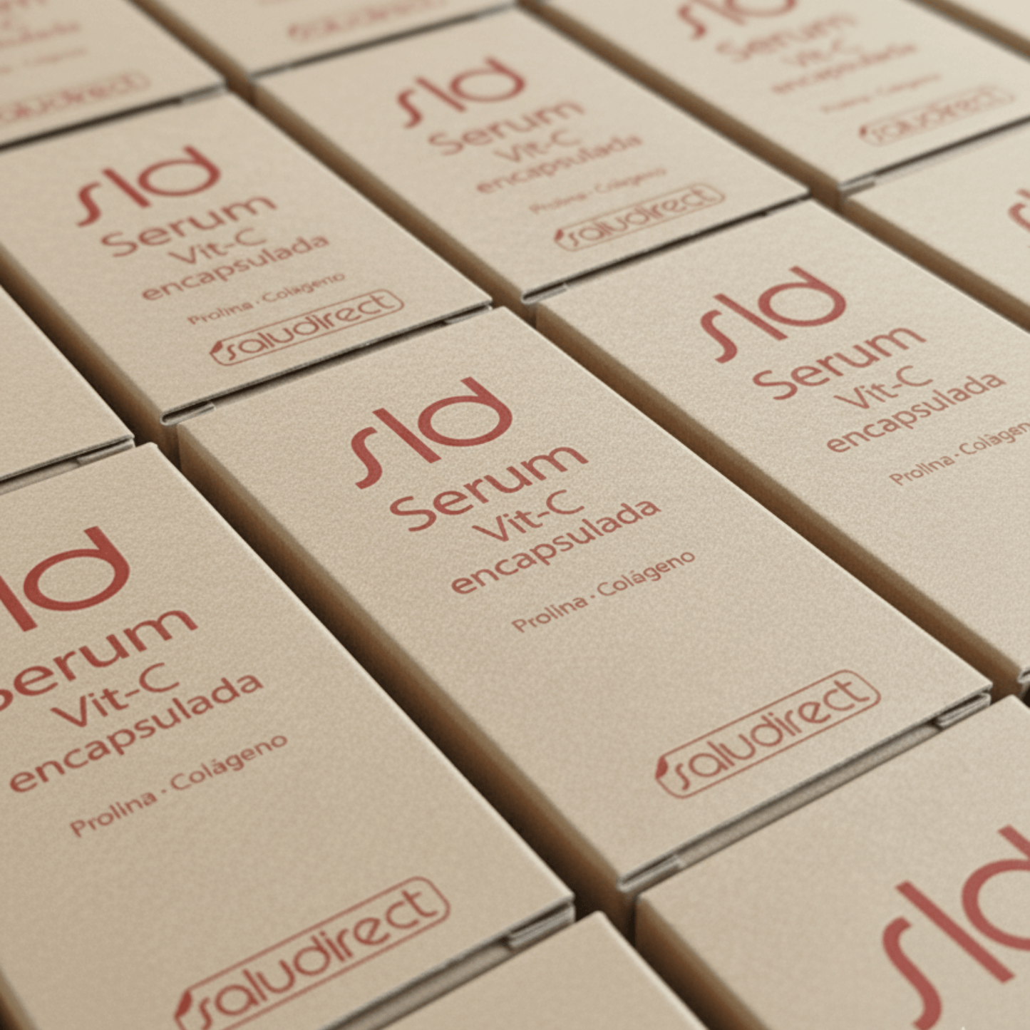 Cajas del SLD Serum Vitamina C encapsulada de Saludirect, cosmético revitalizante con proline y colágeno para piel joven y luminosa.