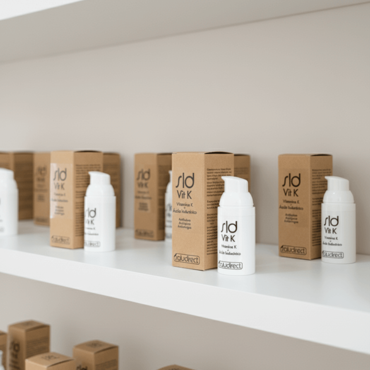 Estantería con varios envases de SLD Vit K – contorno de ojos con vitamina K y ácido hialurónico.