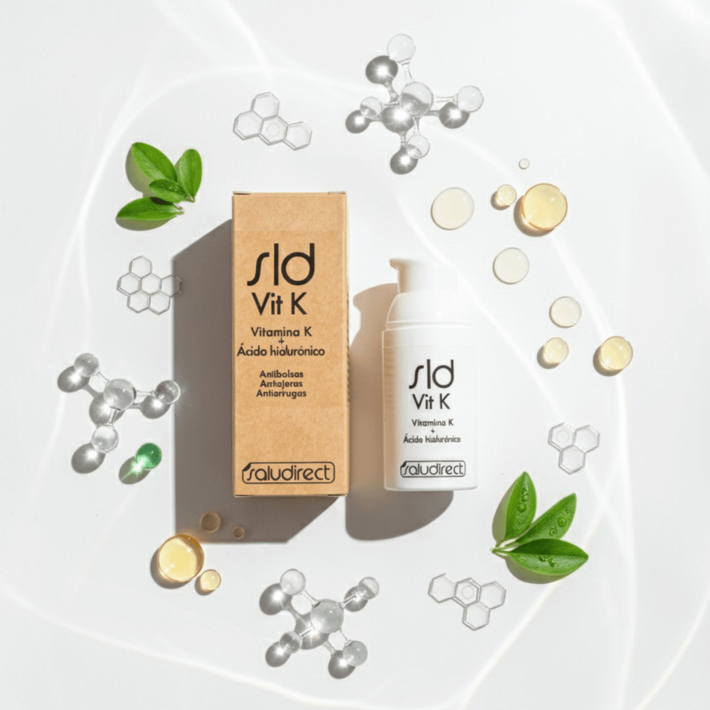 Composición del contorno de ojos SLD Vit K con vitamina K liposomada, ácido hialurónico y cafeína – fórmula dermocosmética avanzada.