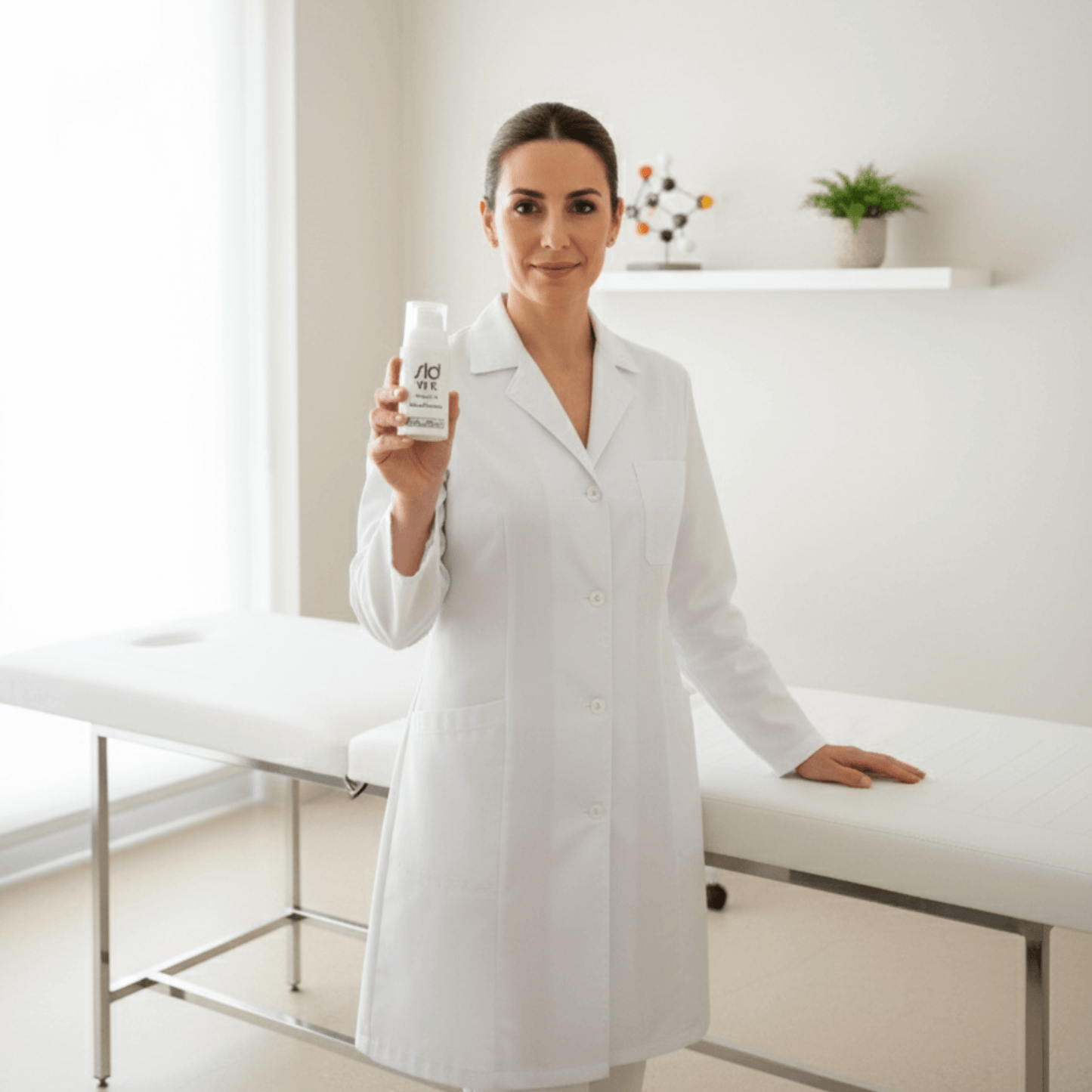 Dermatóloga sosteniendo el contorno de ojos SLD Vit K en una clínica estética – confianza y ciencia dermocosmética.