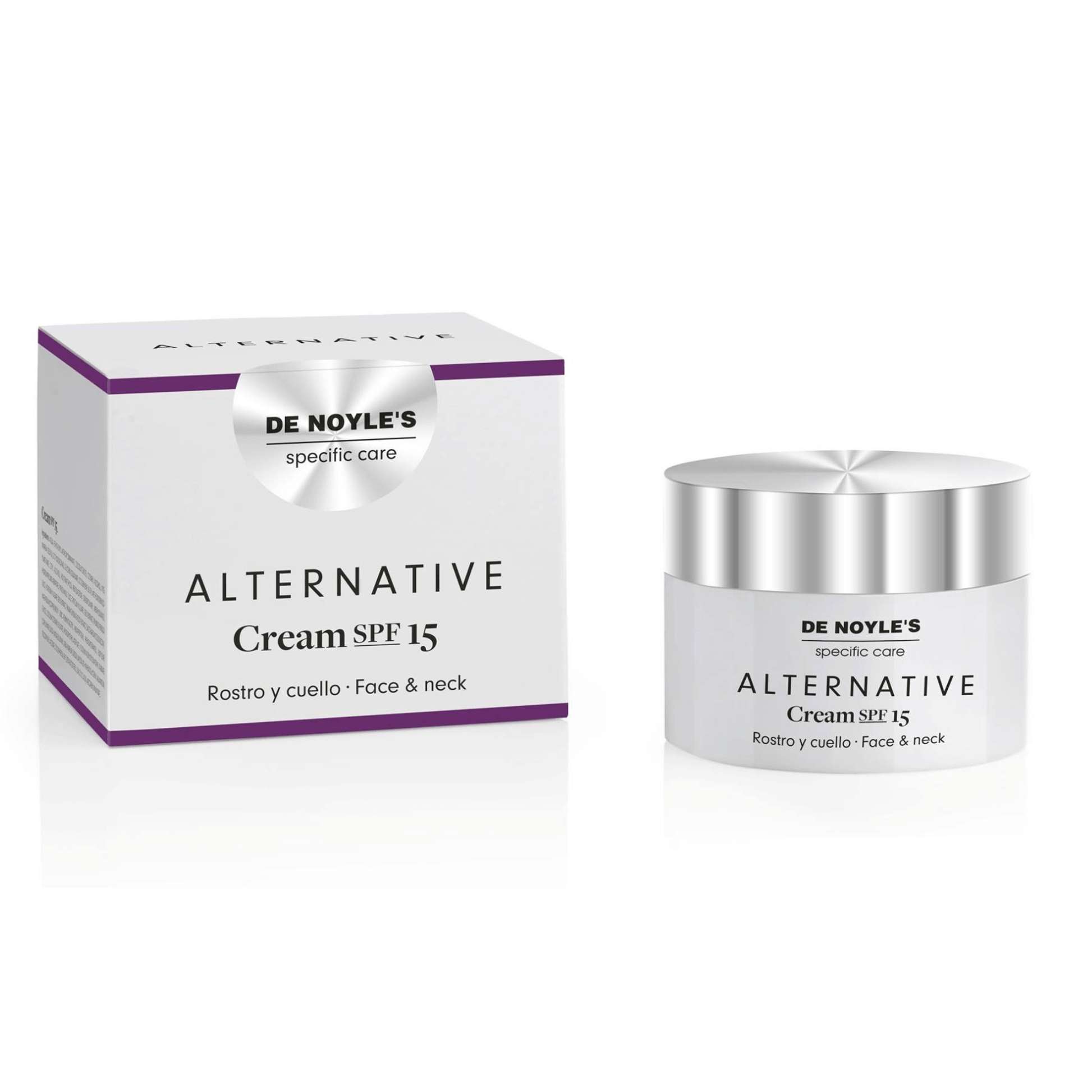 Tarro de DE NOYLE’S Alternative Cream SPF15, crema facial con péptidos antiarrugas y filtro solar.