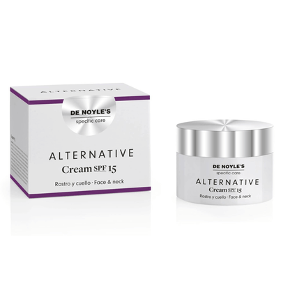 Tarro de DE NOYLE’S Alternative Cream SPF15, crema facial con péptidos antiarrugas y filtro solar.