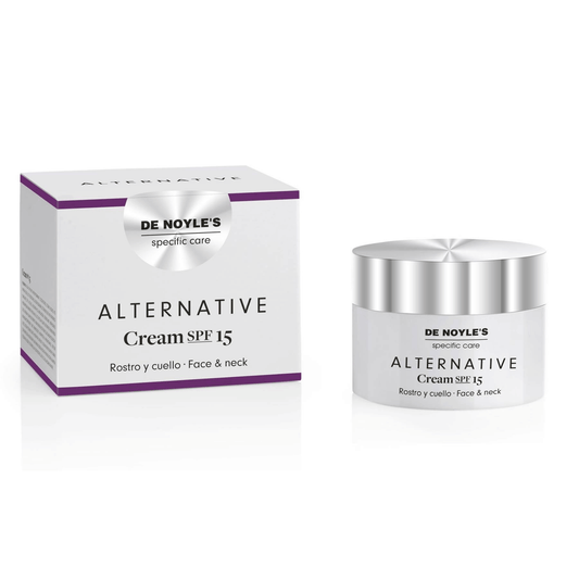 Tarro de DE NOYLE’S Alternative Cream SPF15, crema facial con péptidos antiarrugas y filtro solar.