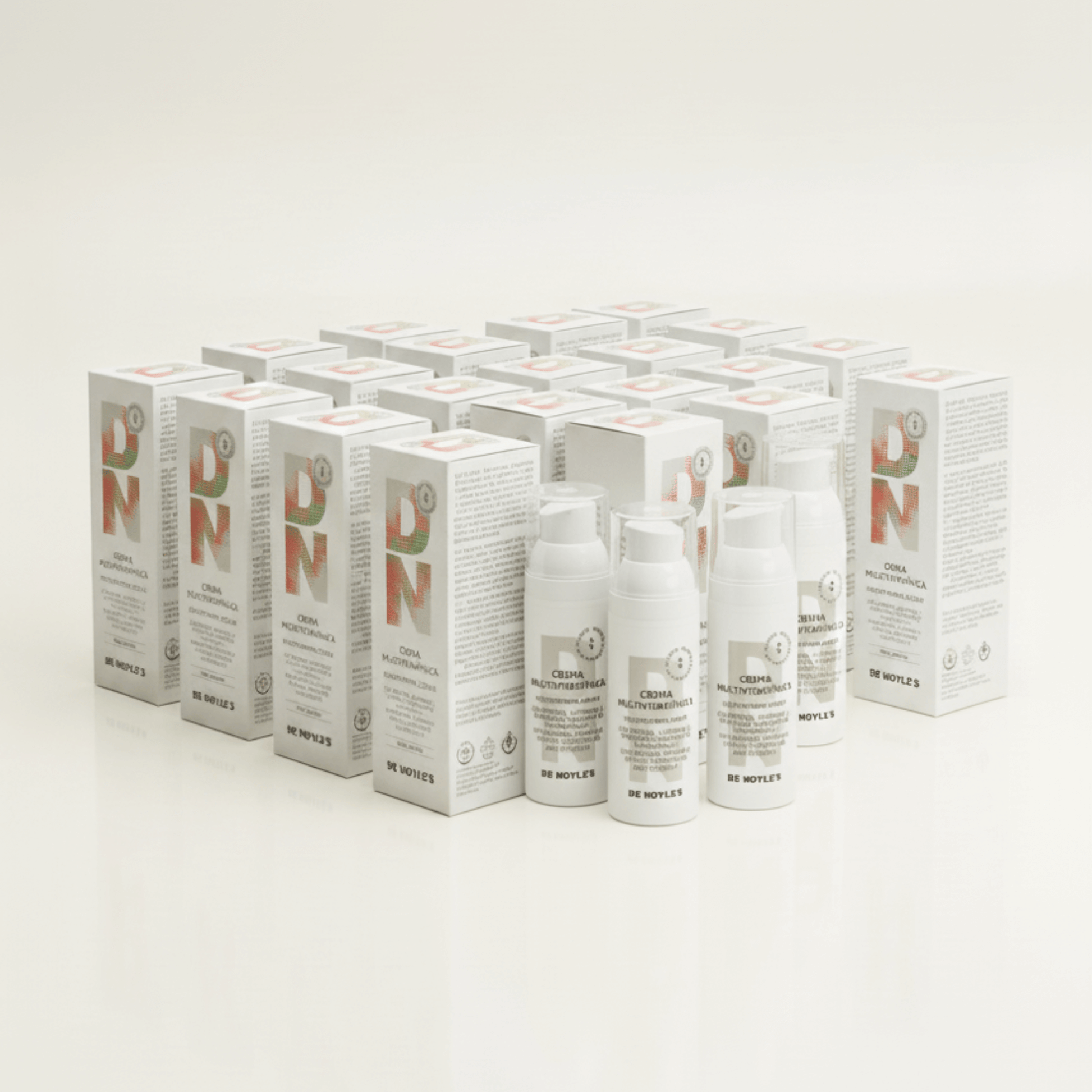 Expositor con envases y cajas de la Crema Multivitamínica DE NOYLE’S – tratamiento nutritivo y antiedad con vitaminas.