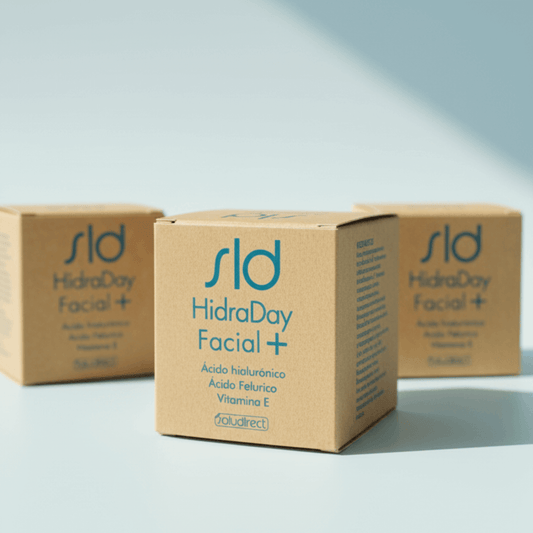 Cajas de la crema HidraDay Facial+ de Saludirect con diseño kraft y tipografía azul. Imagen estética de packaging premium para ecommerce.