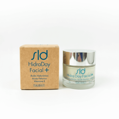 Crema facial HidraDay Facial+ de Saludirect con ácido hialurónico, ácido ferúlico y vitamina E. Hidratante antiedad para todo tipo de pieles.