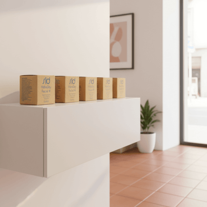 Expositor con varias cajas de HidraDay Facial+ de Saludirect en clínica estética de Barcelona. Imagen profesional para venta y presentación de producto.