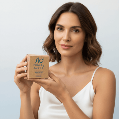 Modelo sosteniendo la crema HidraDay Facial+ de Saludirect. Cosmética con ácido hialurónico y vitamina E para piel hidratada y luminosa.