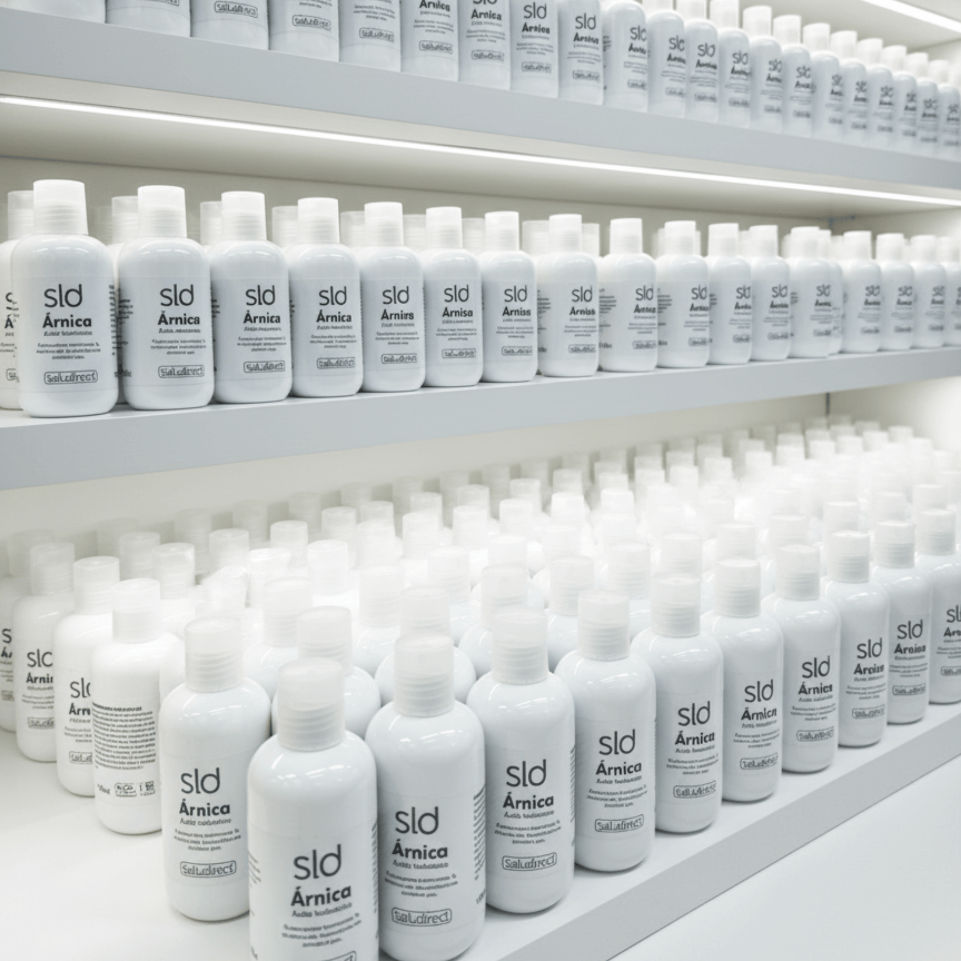 Expositor de botellas SLD Árnica con Ácido Hialurónico 150 ml - Línea profesional de gel calmante y regenerador.