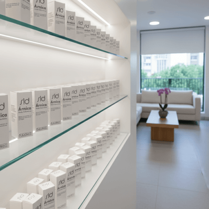 Expositor de productos SLD Árnica con Ácido Hialurónico en clínica dermocosmética, presentación profesional en estantería iluminada.