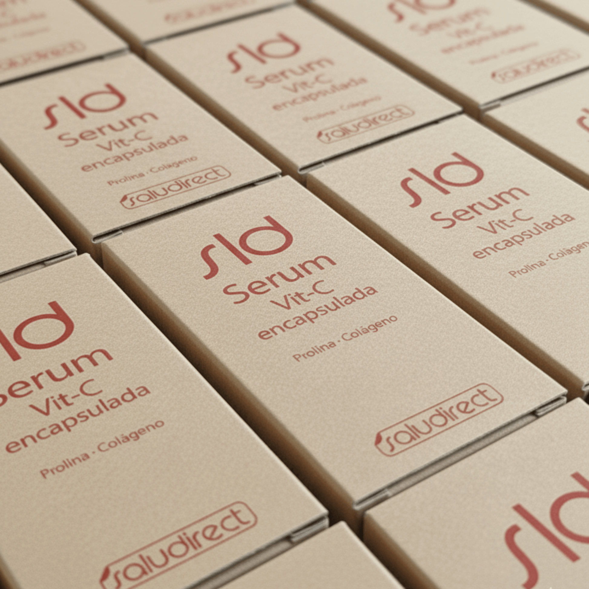 Cajas del SLD Serum Vitamina C encapsulada de Saludirect, cosmético revitalizante con proline y colágeno para piel joven y luminosa.