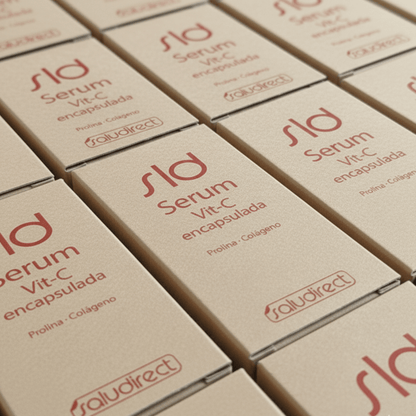 Cajas del SLD Serum Vitamina C encapsulada de Saludirect, cosmético revitalizante con proline y colágeno para piel joven y luminosa.
