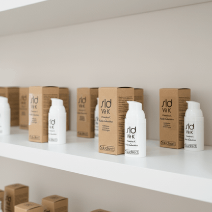 Estantería con varios envases de SLD Vit K – contorno de ojos con vitamina K y ácido hialurónico.